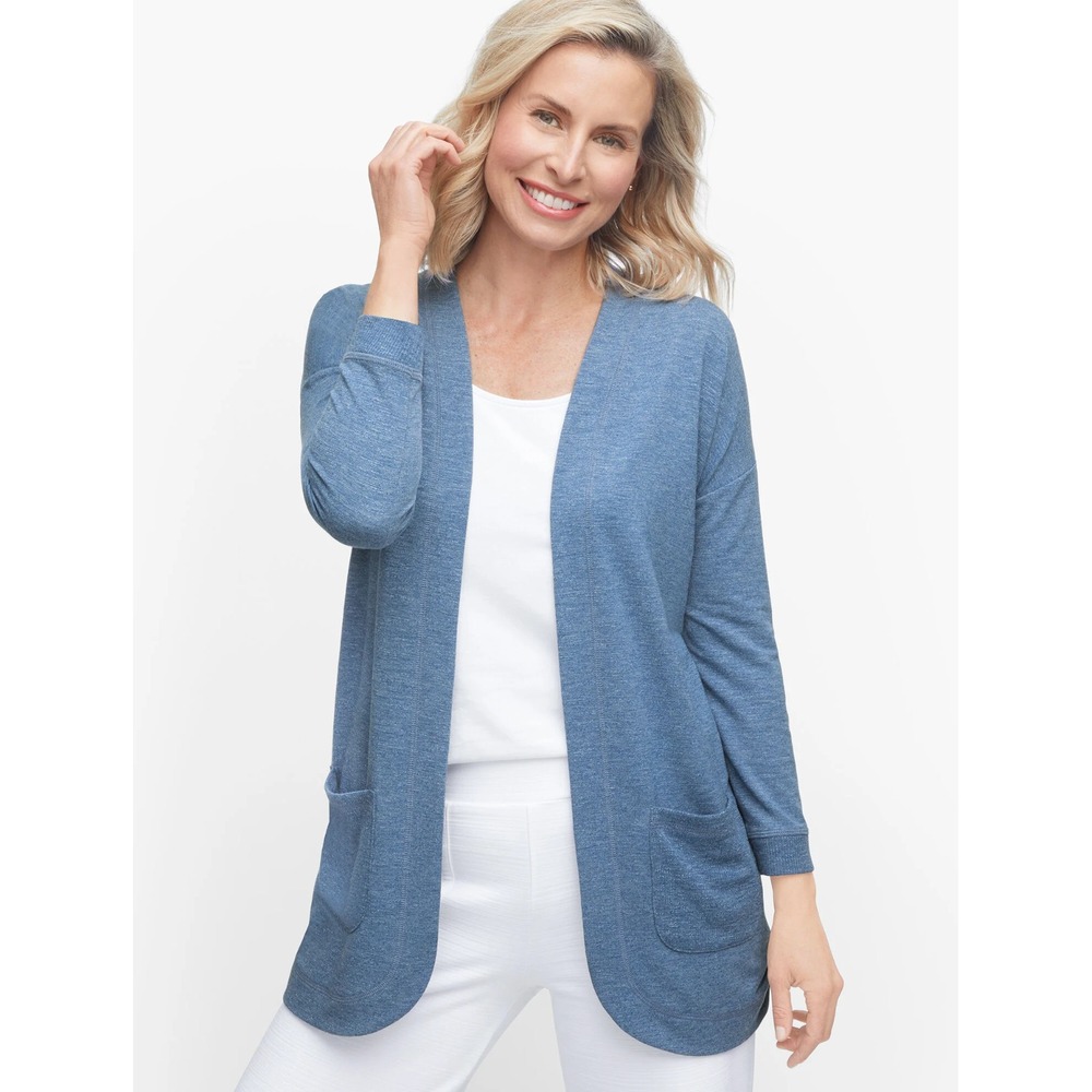T by Talbots Terry Open Cardigan Womens Petite XLp Blue 3/4 Sleeve Cinched Side